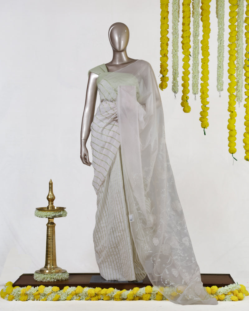 Ivory Mint Grace Kerala Kasavu Onam Saree | Silks by Santinni