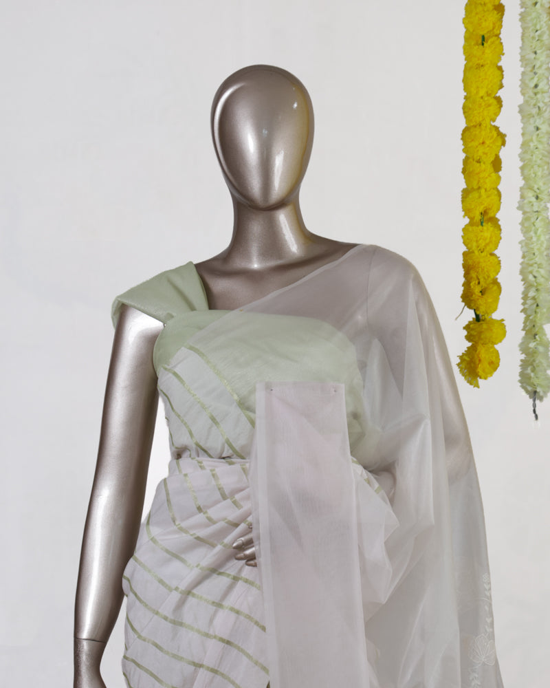 Ivory Mint Grace Kerala Kasavu Saree with Embroidered Organza Pallu