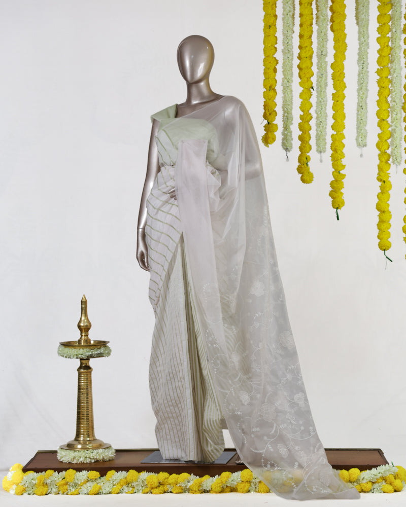 Ivory Mint Grace Kerala Kasavu Saree with Embroidered Organza Pallu