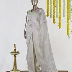 Ivory Mint Grace Kerala Kasavu Saree with Embroidered Organza Pallu