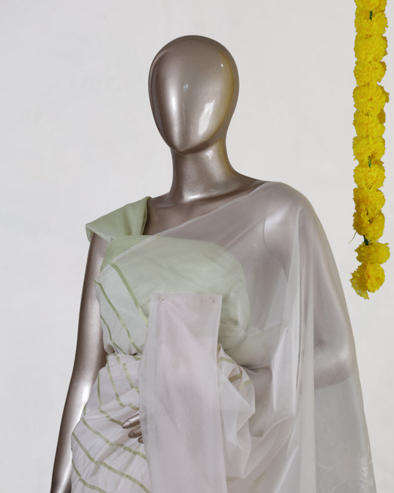 Ivory Mint Grace Kerala Kasavu Saree with Embroidered Organza Pallu