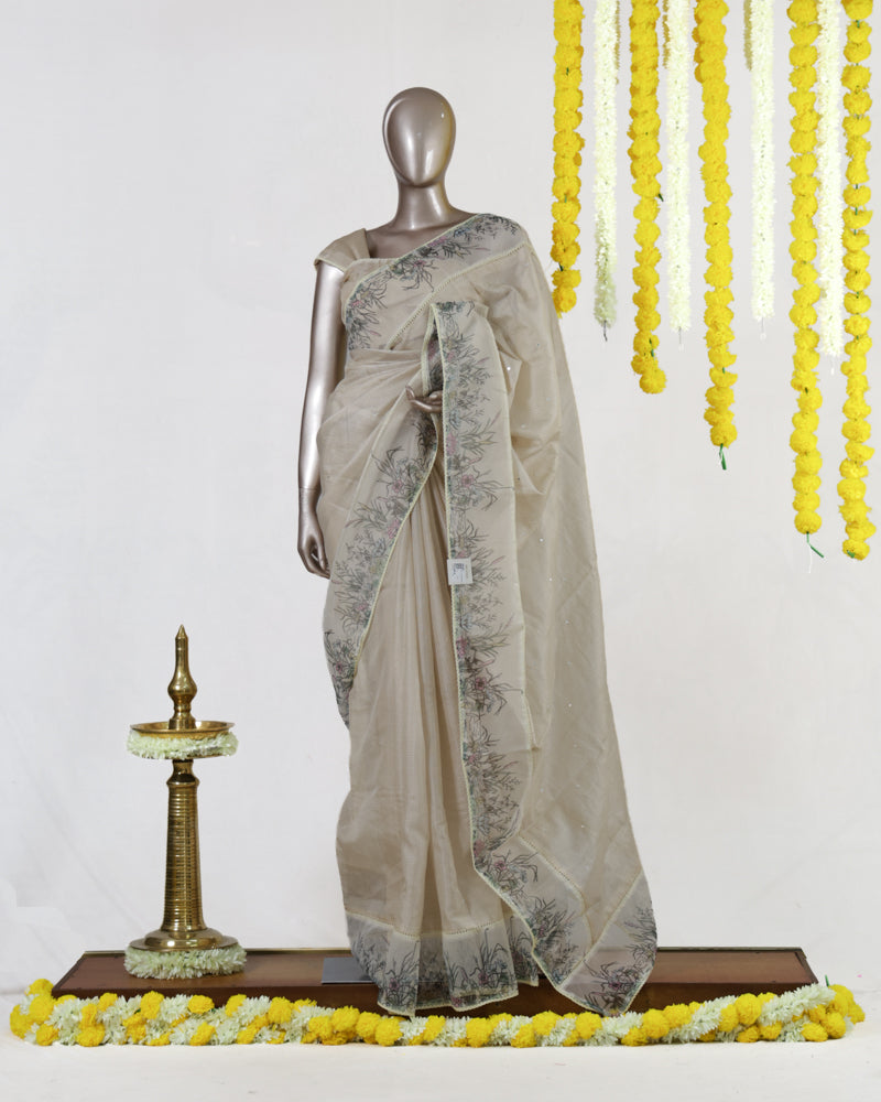Ivory Wildflower Embroidered Kota Onam Saree | Silks by Santinni
