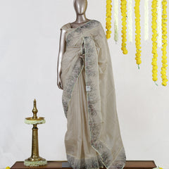 Ivory Wildflower Embroidered Kota Onam Saree | Silks by Santinni