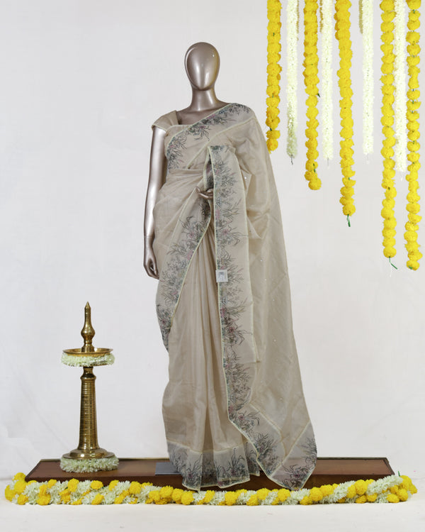 Ivory Wildflower Embroidered Kota Onam Saree | Silks by Santinni