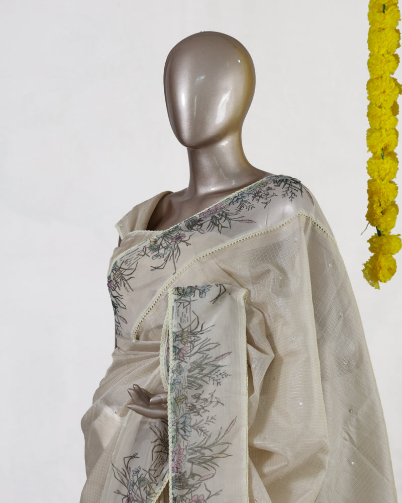 Ivory Wildflower Embroidered Kota Onam Saree