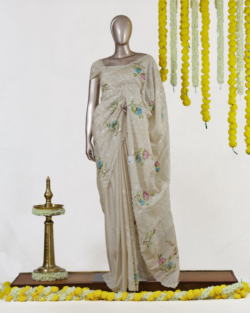 Ivory Pastel Bloom Embroidered Kota Onam Saree | Silks by Santinni