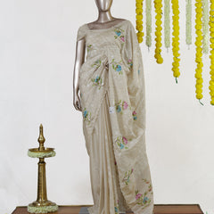 Ivory Pastel Bloom Embroidered Kota Onam Saree | Silks by Santinni