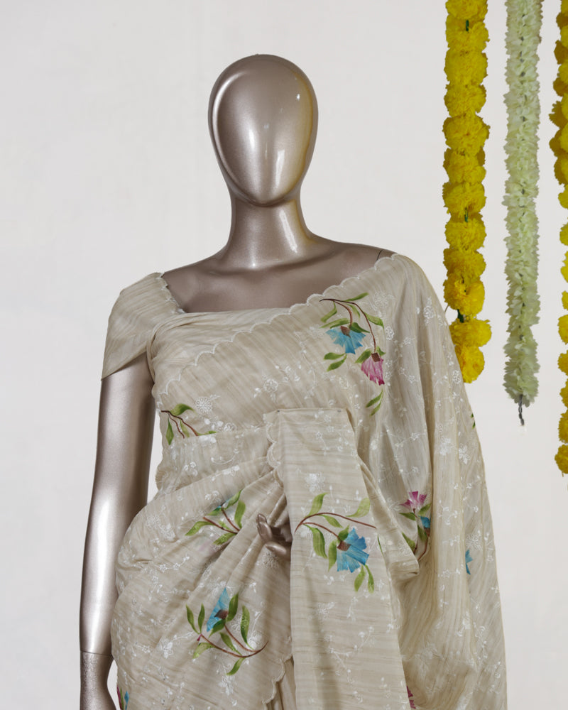 Ivory Pastel Bloom Embroidered Kota Onam Saree