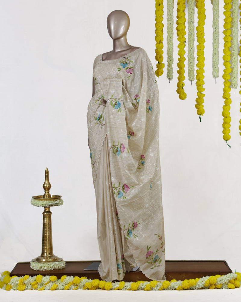 Ivory Pastel Bloom Embroidered Kota Onam Saree