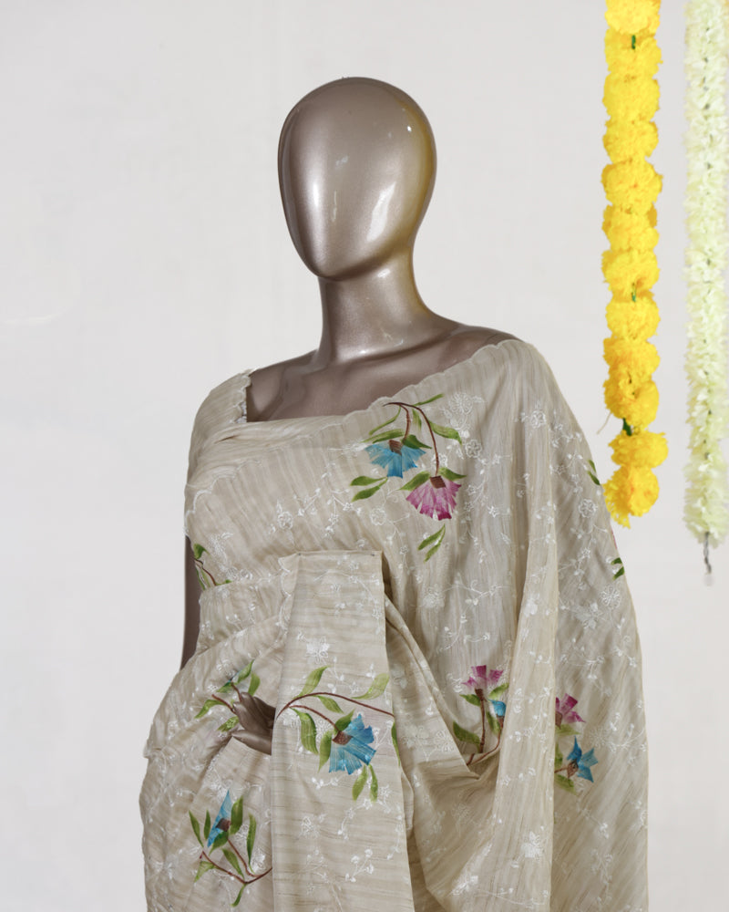 Ivory Pastel Bloom Embroidered Kota Onam Saree