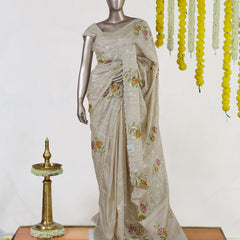 Ivory Marigold Blossom Embroidered Kota Tissue Onam Saree