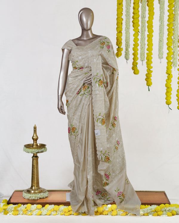 Ivory Marigold Blossom Embroidered Kota Tissue Onam Saree