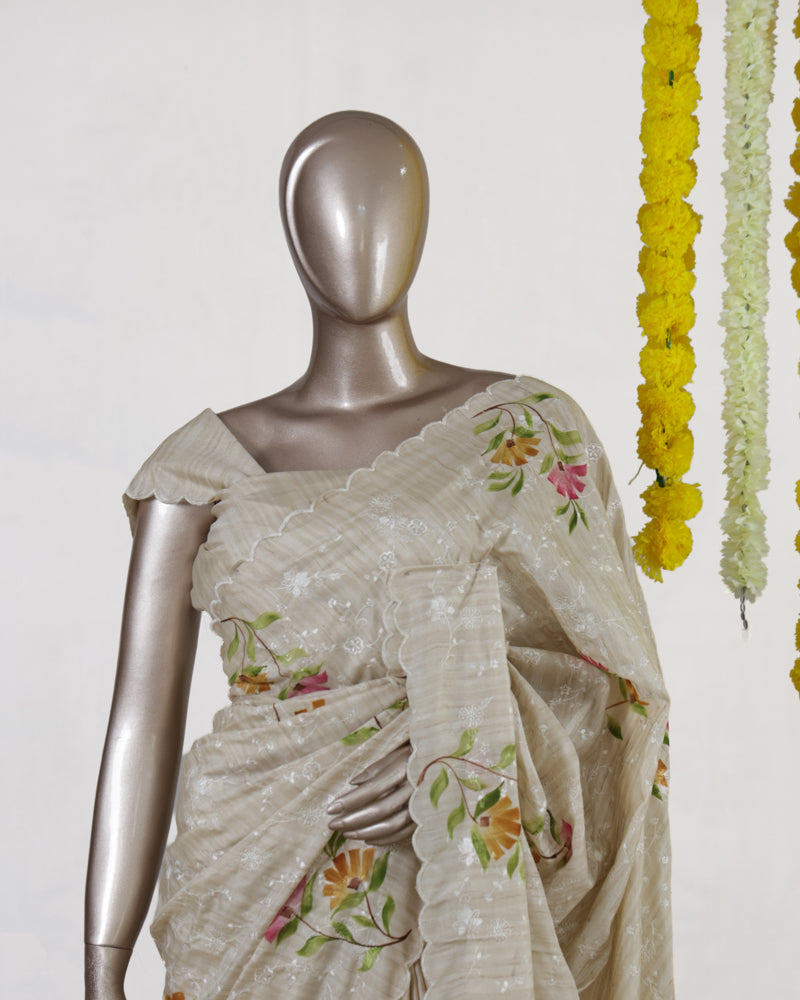 Ivory Marigold Blossom Embroidered Kota Tissue Onam Saree