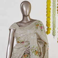 Ivory Marigold Blossom Embroidered Kota Tissue Onam Saree