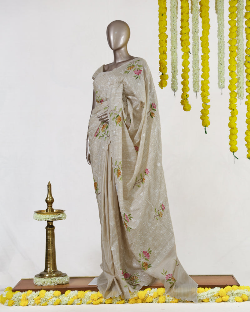 Ivory Marigold Blossom Embroidered Kota Tissue Onam Saree