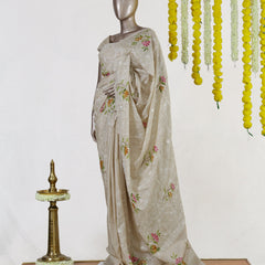 Ivory Marigold Blossom Embroidered Kota Tissue Onam Saree