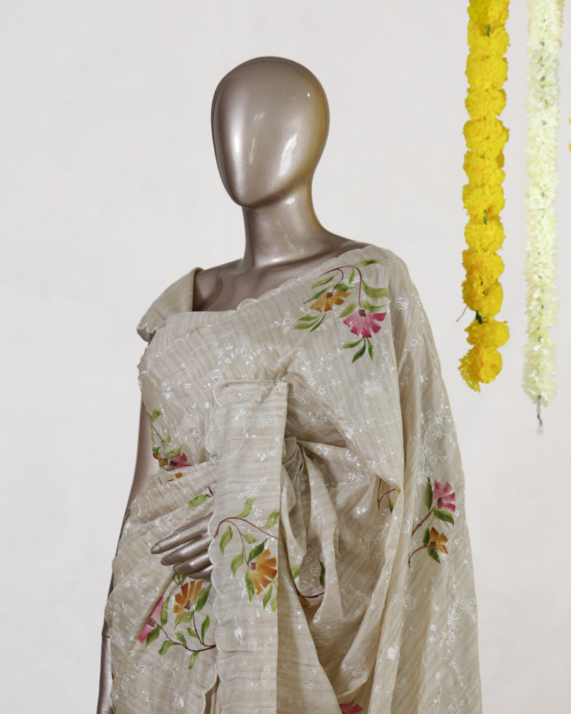 Ivory Marigold Blossom Embroidered Kota Tissue Onam Saree