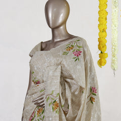 Ivory Marigold Blossom Embroidered Kota Tissue Onam Saree