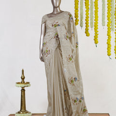 Ivory Bluebell Blossom Embroidered Kota Tissue Onam Saree
