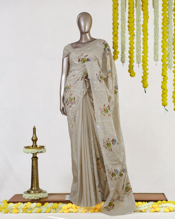 Ivory Bluebell Blossom Embroidered Kota Tissue Onam Saree
