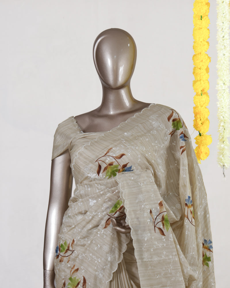 Ivory Bluebell Blossom Embroidered Kota Tissue Onam Saree