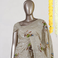 Ivory Bluebell Blossom Embroidered Kota Tissue Onam Saree