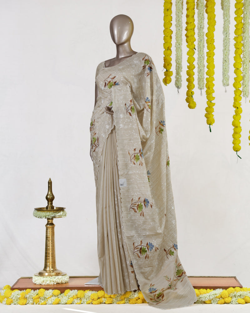 Ivory Bluebell Blossom Embroidered Kota Tissue Onam Saree