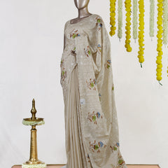 Ivory Bluebell Blossom Embroidered Kota Tissue Onam Saree