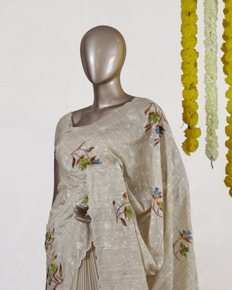 Ivory Bluebell Blossom Embroidered Kota Tissue Onam Saree