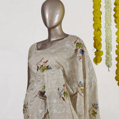 Ivory Bluebell Blossom Embroidered Kota Tissue Onam Saree