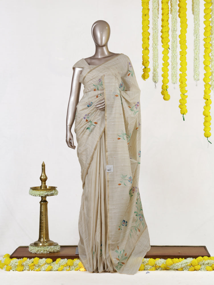 Ivory Meadow Bloom Embroidered Kota Onam Saree | Silks by Santinni
