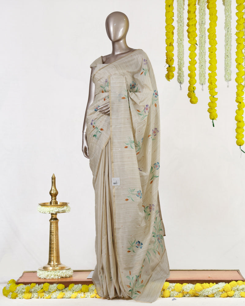 Ivory Meadow Bloom Embroidered Kota Onam Saree