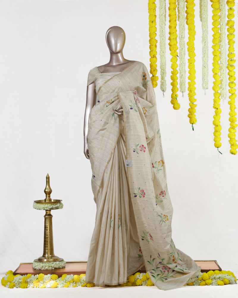 Ivory Meadow Bloom Embroidered Kota Onam Saree | Silks by Santinni