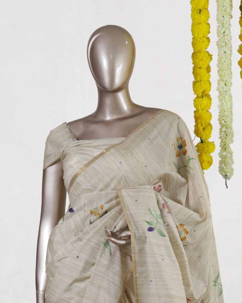 Ivory Spring Blossom Embroidered Kota Onam Saree