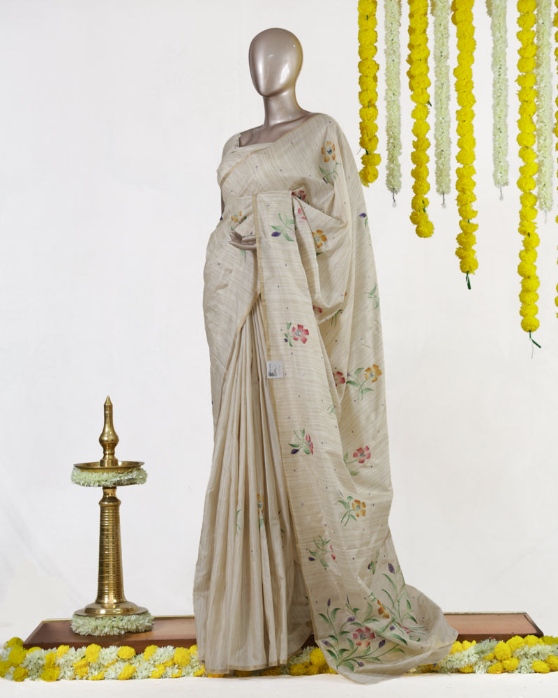 Ivory Spring Blossom Embroidered Kota Onam Saree