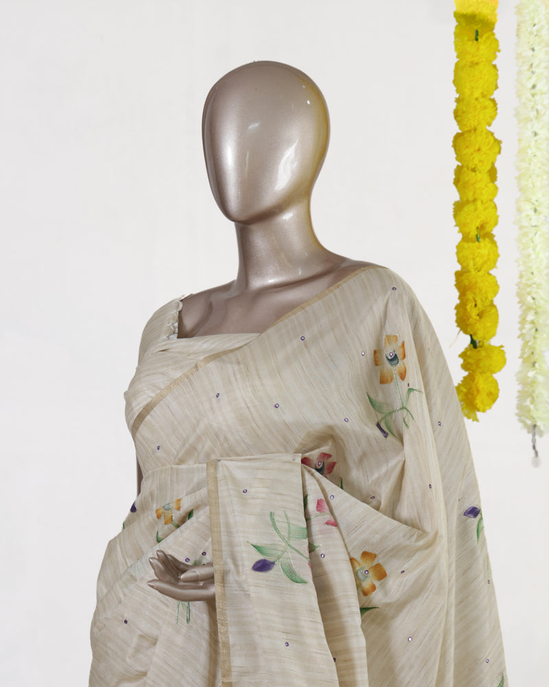 Ivory Spring Blossom Embroidered Kota Onam Saree