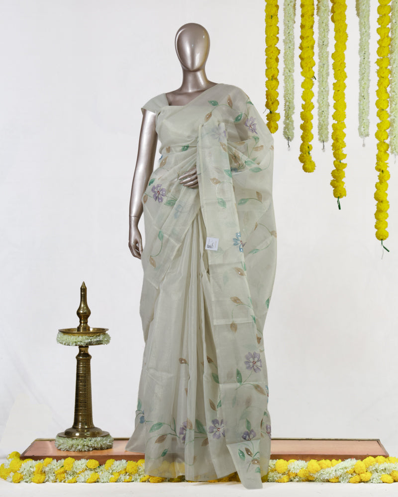Ivory Lavender Meadow Kota Tissue Onam Saree | Silks by Santinni