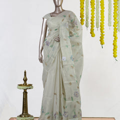 Ivory Lavender Meadow Kota Tissue Onam Saree | Silks by Santinni