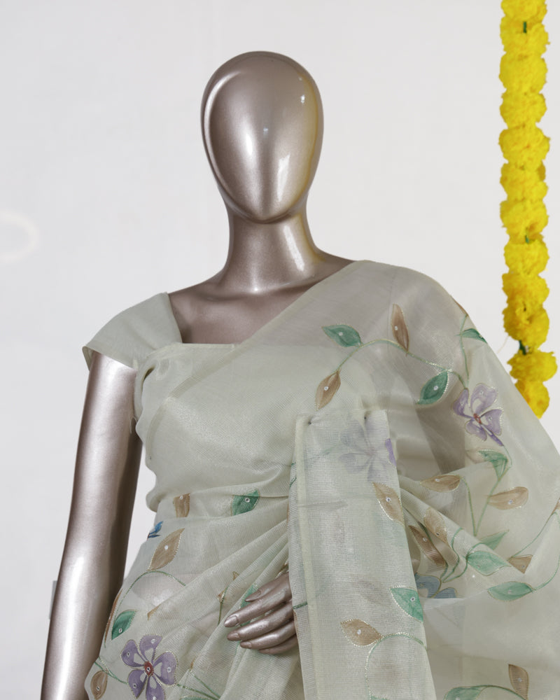Ivory Lavender Meadow Embroidered Kota Tissue Onam Saree