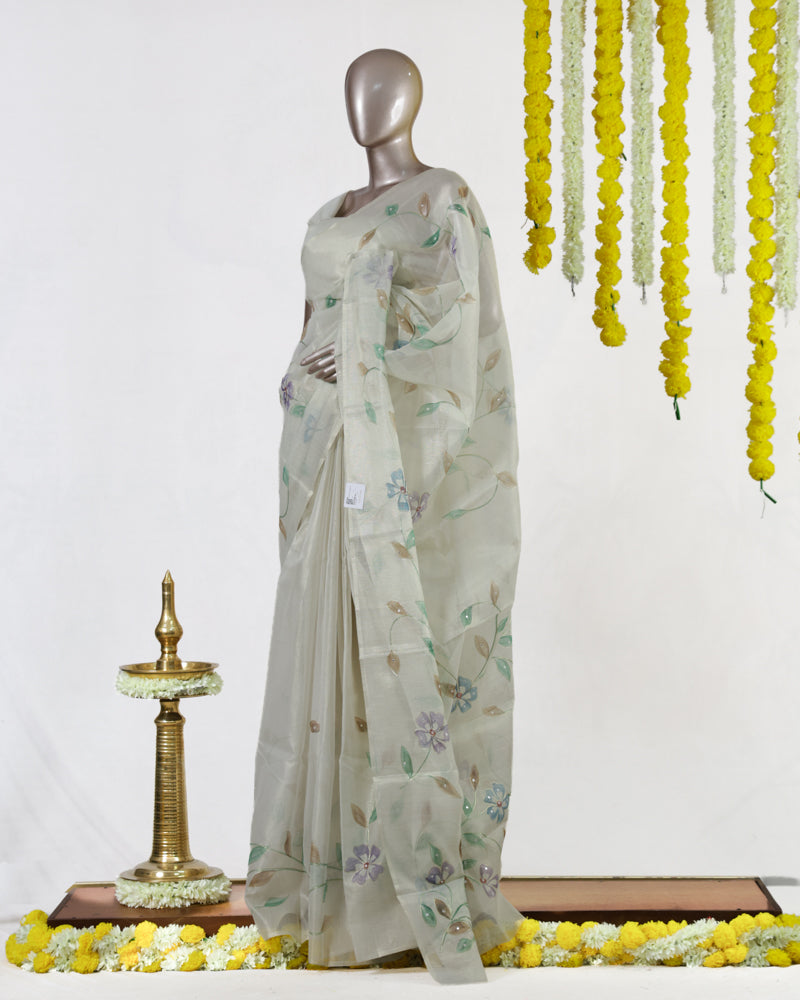 Ivory Lavender Meadow Embroidered Kota Tissue Onam Saree
