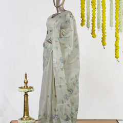 Ivory Lavender Meadow Embroidered Kota Tissue Onam Saree