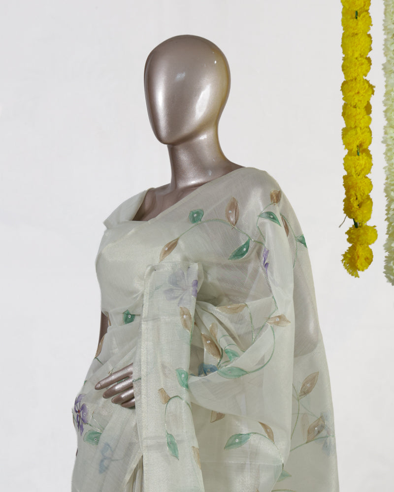 Ivory Lavender Meadow Embroidered Kota Tissue Onam Saree