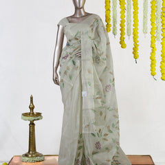 Ivory Sage Blossom Kota Tissue Onam Saree | Silks by Santinni