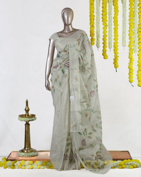 Ivory Sage Blossom Kota Tissue Onam Saree | Silks by Santinni