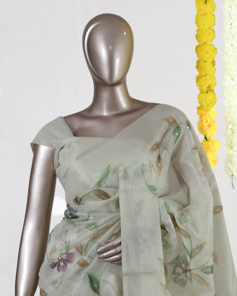 Ivory Sage Blossom Embroidered Kota Tissue Onam Saree