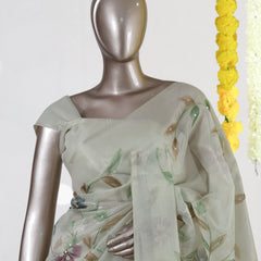 Ivory Sage Blossom Embroidered Kota Tissue Onam Saree