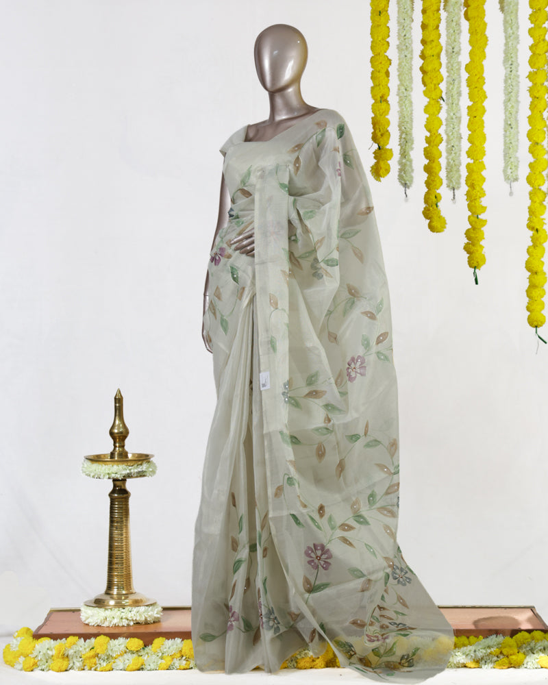 Ivory Sage Blossom Embroidered Kota Tissue Onam Saree