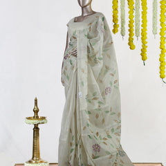 Ivory Sage Blossom Embroidered Kota Tissue Onam Saree