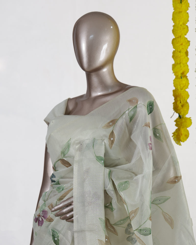 Ivory Sage Blossom Embroidered Kota Tissue Onam Saree