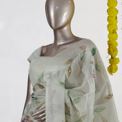Ivory Sage Blossom Embroidered Kota Tissue Onam Saree